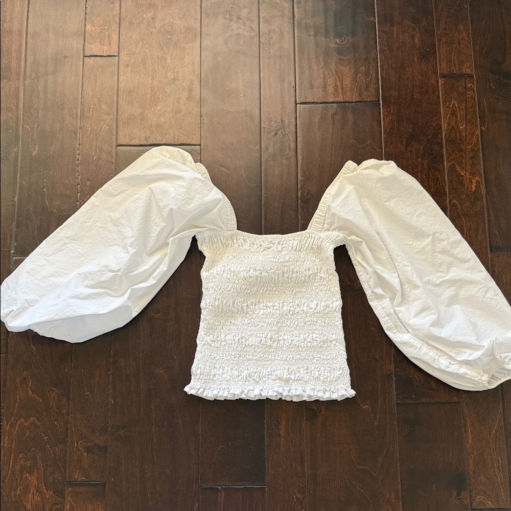 Ganni White Smocked Blouse with Puff Sleeves